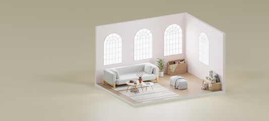 Isometric realistically bedroom and Living room open inside interior architecture, 3d rendering.