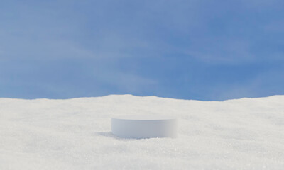 Minimal product background for Christmas and winter holiday concept. White podium and snow drifts on blue sky. 3d rendering.