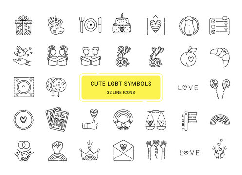 Cute lgbt symbols, 32 line vector icons