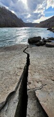 Vertical shot of a crack in the rock in Niagara River Gorge, Niagara Falls, Ontario, Canada.