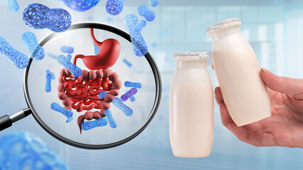Good bacteria in digestive system. Biologically active additives. Probiotics for stomach. Jars with...