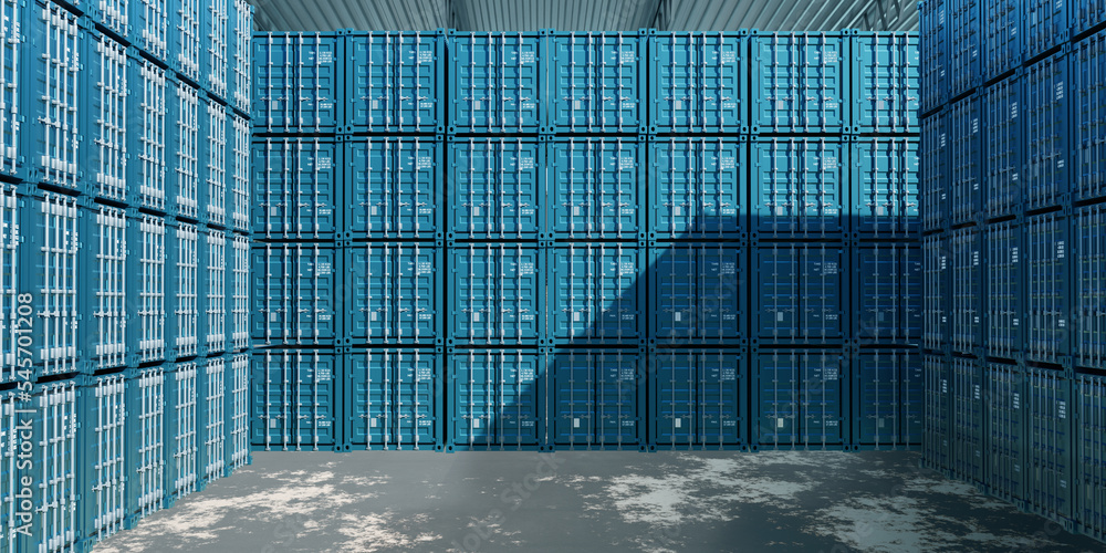 Poster background from sea containers. closed shipping containers inside hangar. warehouse with sea contain