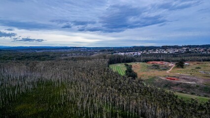 Aerial shot of the Port Macquarie town with surrounding forest under the cloudy sky in Australia