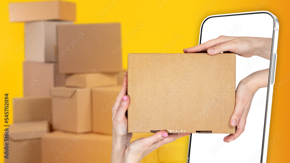 Poster process of delivering goods. box in hand. box in screen of mobile phone. concept ordering delivery t