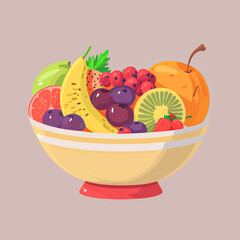 Bowl of fresh fruits on pink background