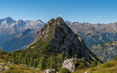 Mountain landscape in summer in Western Dolomites (Dolomiti di Brenta) - Vallesinella - Madonna di Campiglio, Trentino Alto Adige, northern Italy - Europe