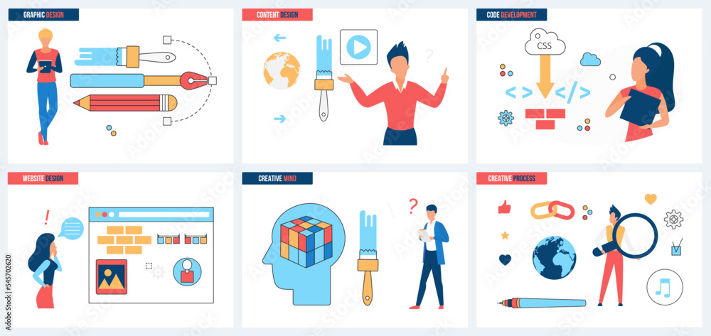 Poster website development, graphic and content design, code and creative thinking process set vector illus