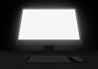 Black Friday / Cyber Monday. Desktop computer with bright screen and mouse and keyboard. Black background. Copy space. Online shopping.	
