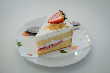 Strawberry cake dessert on white background,cheesecake with strawberry, Cake with cream and Strawberry on white background 