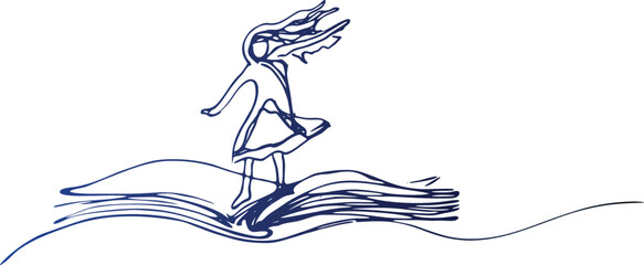 line drawing of a little girl student or preschooler flying on a magic book. Happy children flying on a book. The concept of the power of knowledge. Dynamic draw graphic design vector illustration