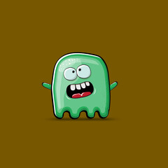 Funny cute smiling green ghost monster isolated on brown background. Ghost cartoon character and cute emoji. Halloween spirit element.