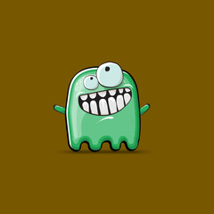 Funny cute smiling green ghost monster isolated on brown background. Ghost cartoon character and cute emoji. Halloween spirit element.