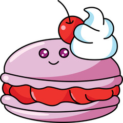 Beautiful pink cartoon cake with red cherry and cream on top on a white background