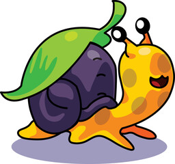Joyful cartoon snail under the purple shell with a leaf on the top on a white background