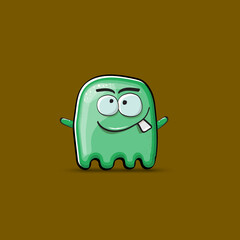 Funny cute smiling green ghost monster isolated on brown background. Ghost cartoon character and cute emoji. Halloween spirit element.