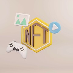 3D NFT non-fungible token. Non-fungible token text design.music, image and game icon.NFT concept