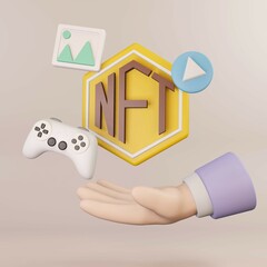 3D NFT non-fungible token. Non-fungible token text design.music, image and game icon with hand.NFT concept