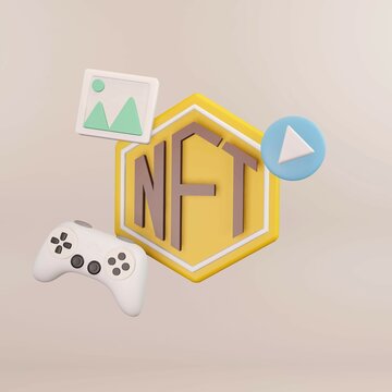 3D NFT non-fungible token. Non-fungible token text design.music, image and game icon.NFT concept