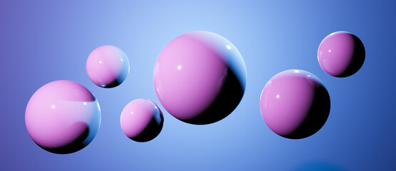 Group of shiny pink globes balls or spheres floating in mid air above ground, conceptual abstract on blue background, 3D illustration rendering