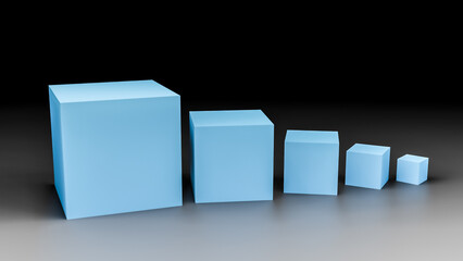 Illustration of blue cubes or boxes of different sizes in realistic studio interior orderly aligned in a row, 3D rendering background with copy space for text