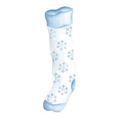 Blue white snowflake sock watercolor illustration on transparent background