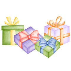 Lovely gift boxes in green purple with yellow blue orange and red ribbons watercolor illustration on transparent background