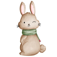 Rabbit Bunny with green scarf. A lovely animal for Xmas season watercolor illustration on transparent background