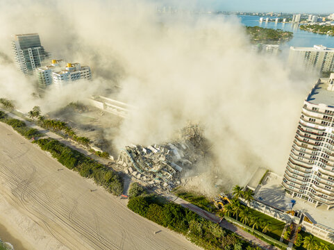 Aerial drone photo of the Deauville Hotel moments after it's implosion