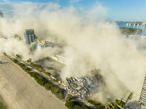 Aerial drone photo of the Deauville Hotel moments after it's implosion