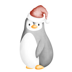 Penguin with red Santa hat lovely animal for Xmas season watercolor illustration on transparent background