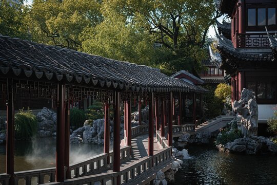 A beautiful view of the botanical Yu garden in Shanghai, China