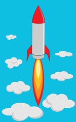 Vertical digital art of a red and grey rocket flying up