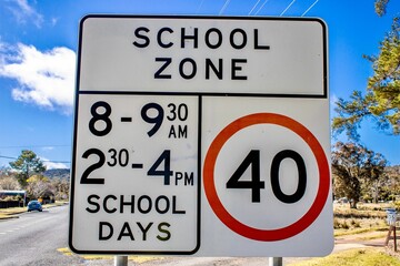 Closeup of a road sign of School Zone 40 Km at Emmaville New South Wales, Australia