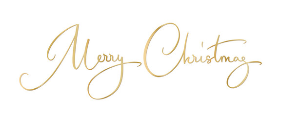 Merry Christmas hand written text. Golden Merry Christmas letters isolated on white. Winter season typography. Elegant vector calligraphy for holiday cards, party posters, headers, gift tags, overlays