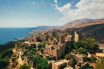 High angle of beautiful castles on the forested sea hills in Vathia, Greece