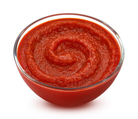 Ketchup in glass bowl isolated on white background