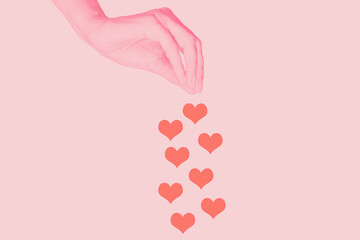 Contemporary art background with colored hand and heart. Digital texture backdrop.Trendy art, creative fun culture. Contemporary neural network art poster.Funky punk collage.Creative concept pop art.