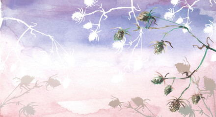 Greater burdock watercolor illustration. Vintage wild grass, flowers, plants.Stylish fashionable card, background, pattern.Watercolor paint splash. card, invitation, label,paint splash.landscape field