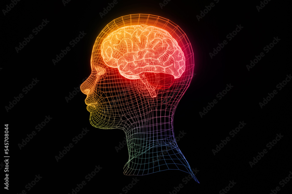 Poster mindfulness background with glowing colorful wireframe brain design. modern colored head brain backd