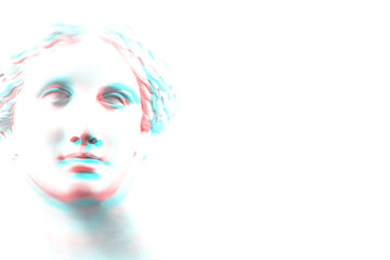 Antique sculpture of human face in artificial intelligence glitch art style. Modern creative concept image with ancient statue head.Contemporary neural network art poster.Funky punk collage design.