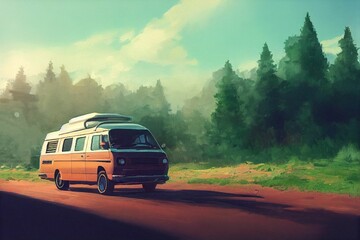 AI generation of a camper van traveling on a dirt road in the nature