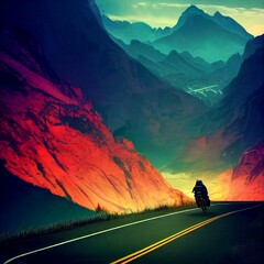 AI illustration of a person riding a motorcycle in a beautiful valley