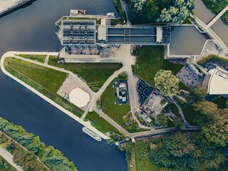 Aerial view of Anderton boat lift surrounded by growing trees and water