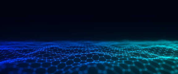 Futuristic hexagon wave. Dark cyberspace. Abstract wave with dots and line. White moving particles on background. 3d rendering.