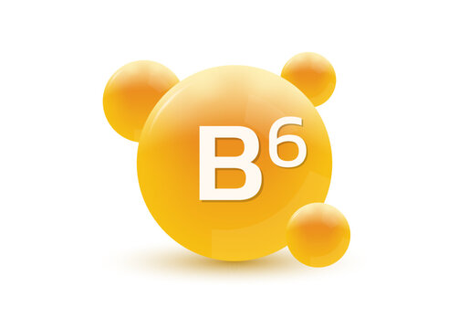 Vitamin B6 3d icon. Circle drop, capsule or pill isolated on white background. Molecule bubbles design. Vector illustration.