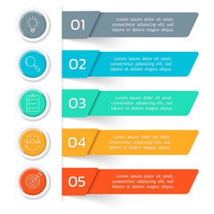 5 steps, option infographic. Menu, list design with business icons. Presentation, layout banner. Modern info graphic template. Vector illustration. - obrazy, fototapety, plakaty