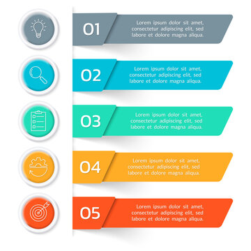 5 steps, option infographic. Menu, list design with business icons. Presentation, layout banner. Modern info graphic template. Vector illustration.
