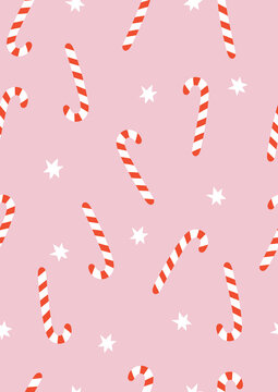 Seamless Vector Pattern With Candy Canes And Stars On A Pink Background. Isolated Elements. Cute Repeatable Design Ideal For Textile, Fabric Prints or Wrapping Paper.