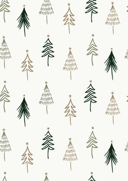 Seamless Vector Pattern With Hand Drawn Christmas Trees On Off-White Background. Ideal For Textile And Fabric Prints Or Wrapping Paper.