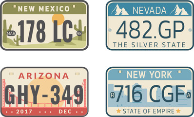 Set of USA states car vehicles registration plates